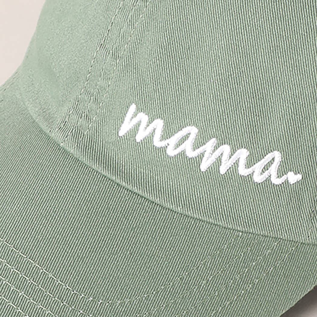 close up Mama embroidered baseball caps in green