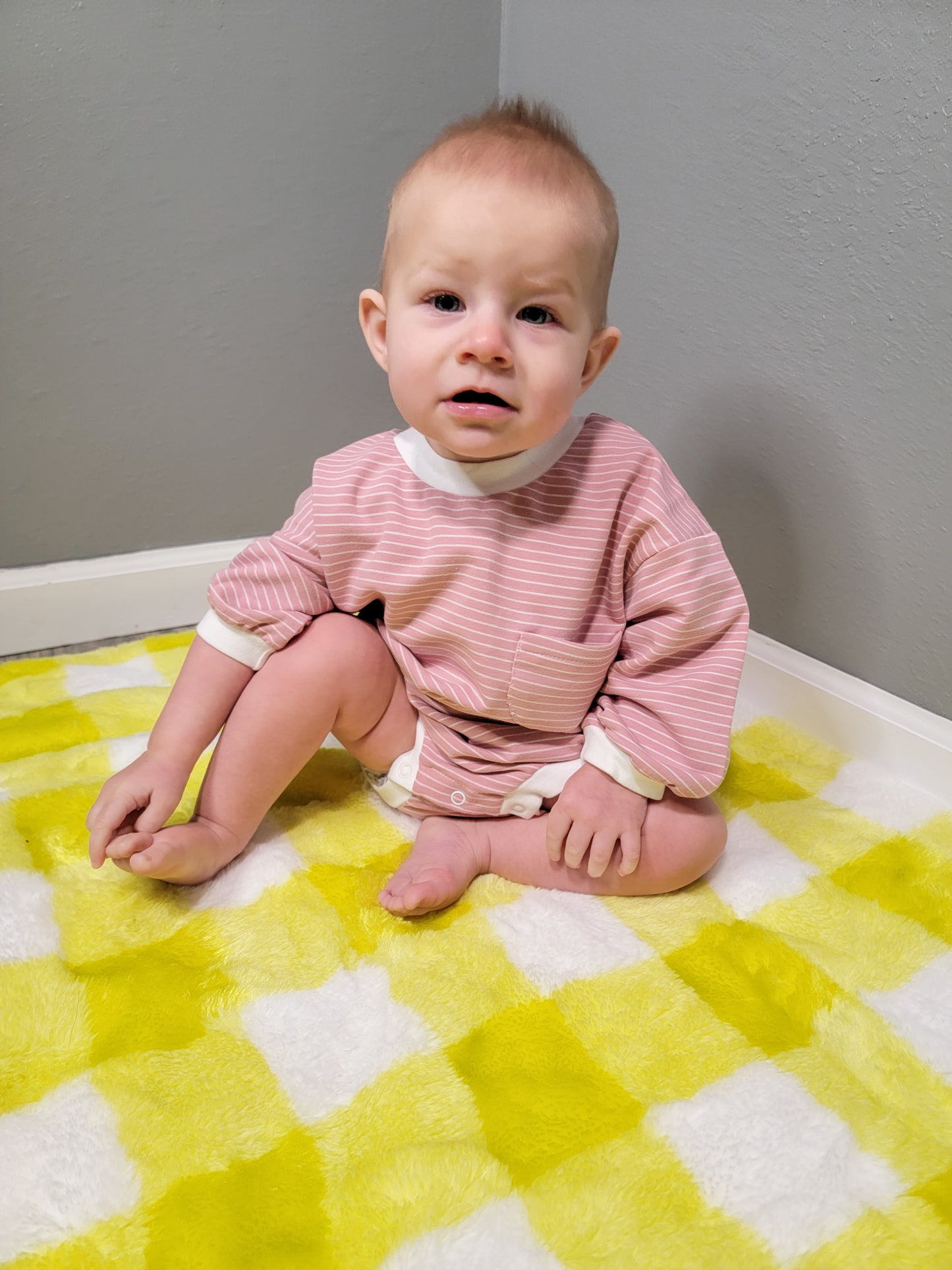Organic Oversized Bubble Romper – Brown & Pink with White Stripes, Soft Baby Outfit