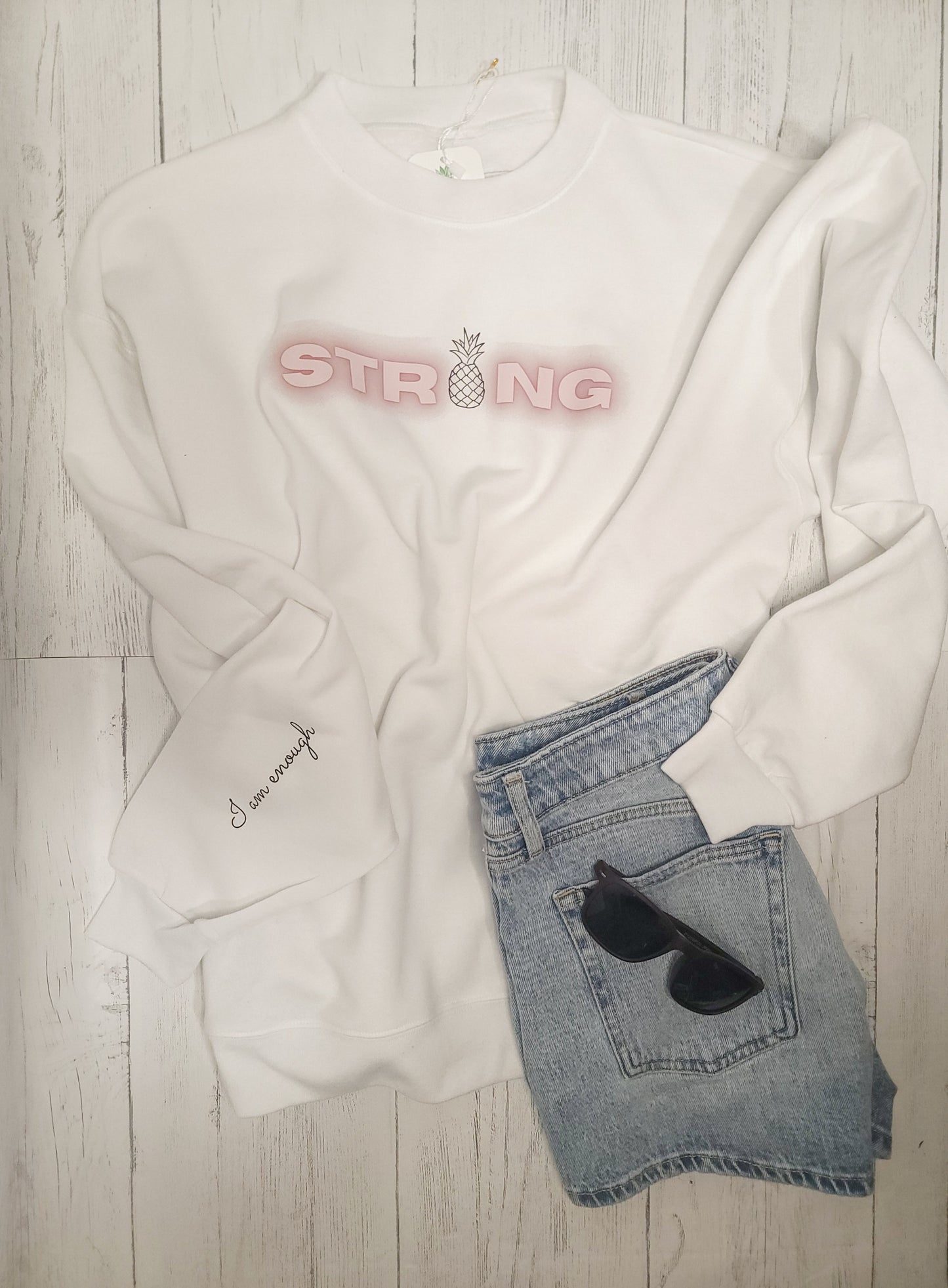 Strong Enough Crewneck – Infertility Awareness Sweatshirt with “I Am Enough” Sleeve