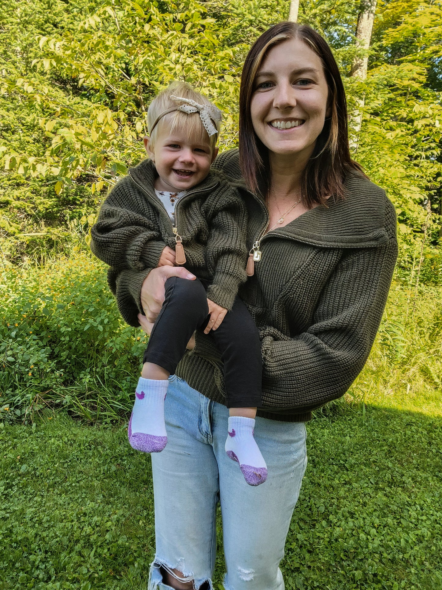 Dark Forest Green Essex Sweater – Mommy & Me Matching Quarter Zip with Lantern Sleeves