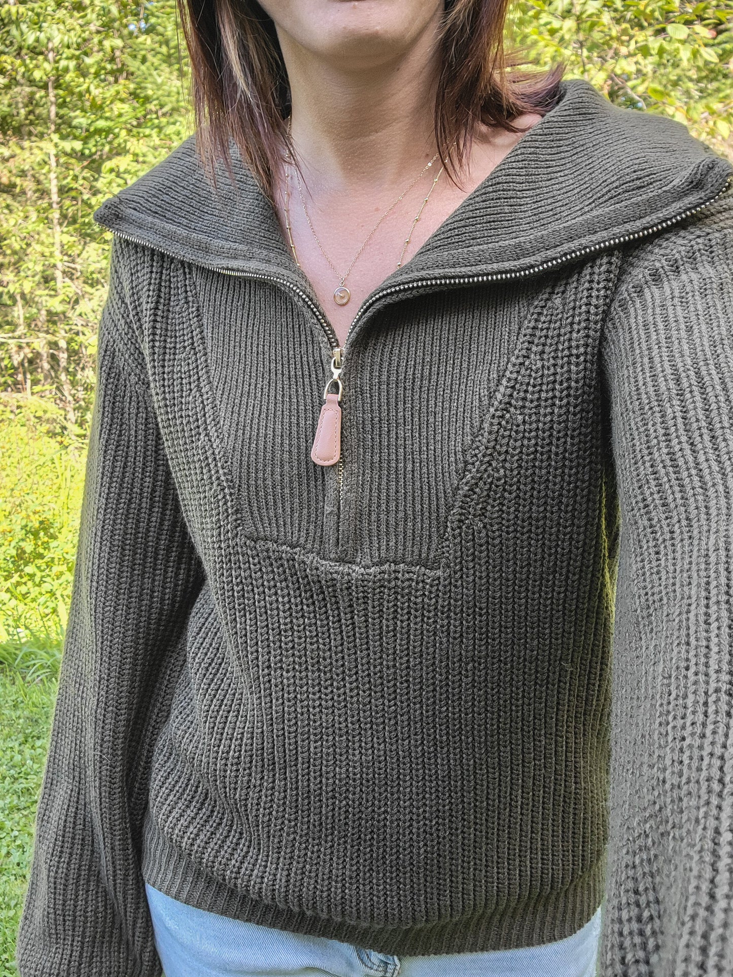 Dark Forest Green Essex Sweater – Mommy & Me Matching Quarter Zip with Lantern Sleeves