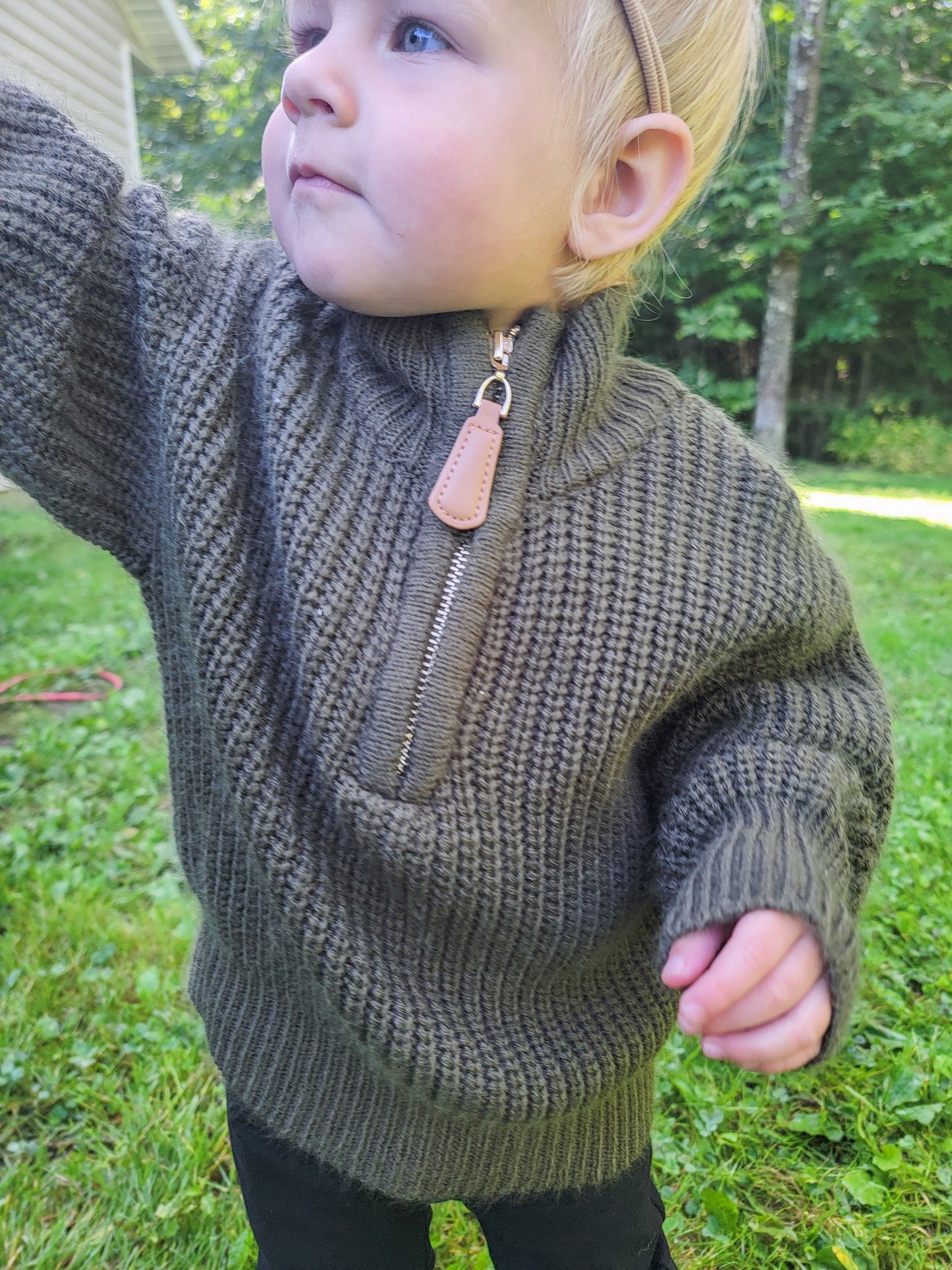 Dark Forest Green Essex Sweater – Mommy & Me Matching Quarter Zip with Lantern Sleeves