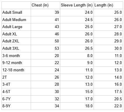 Table showing shirt size chart with chest, sleeve length, and length measurements.