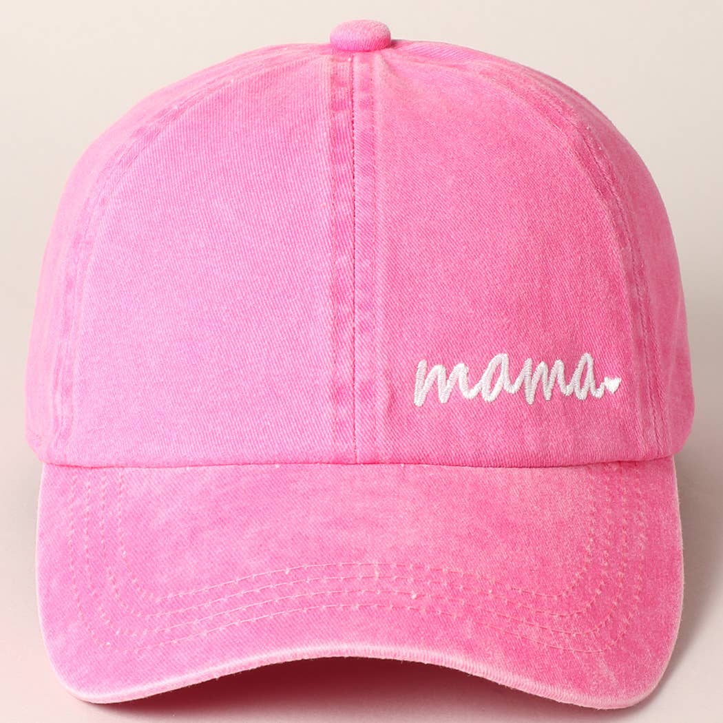 Close-up of Mama & Mini embroidery on pink and green baseball cap