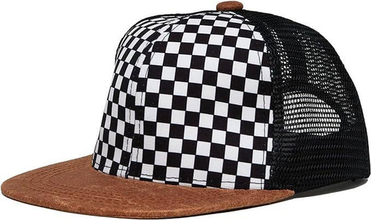 Kids flat brim trucker hat with checker print and faux leather brim