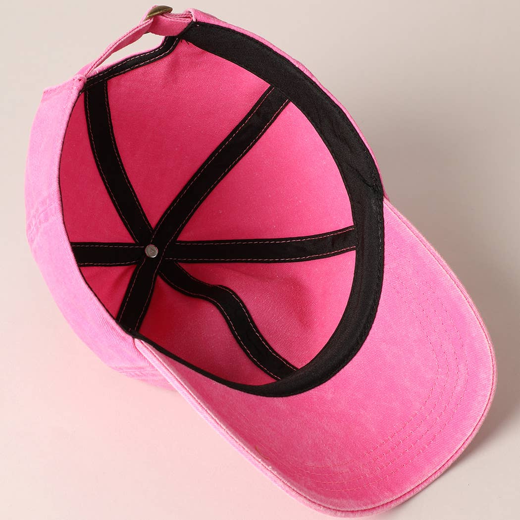 inside view of Mama & Mini embroidered baseball cap in pink and green
