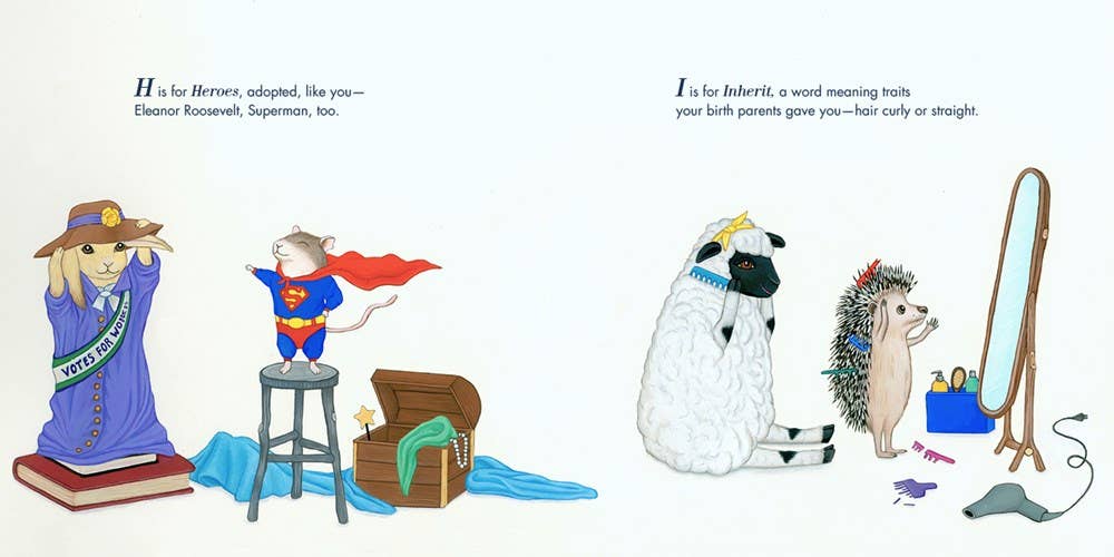 Interior page of A Is for Always showing letters H to I, colorful illustrations of adoptive animal families with heartwarming, educational rhymes