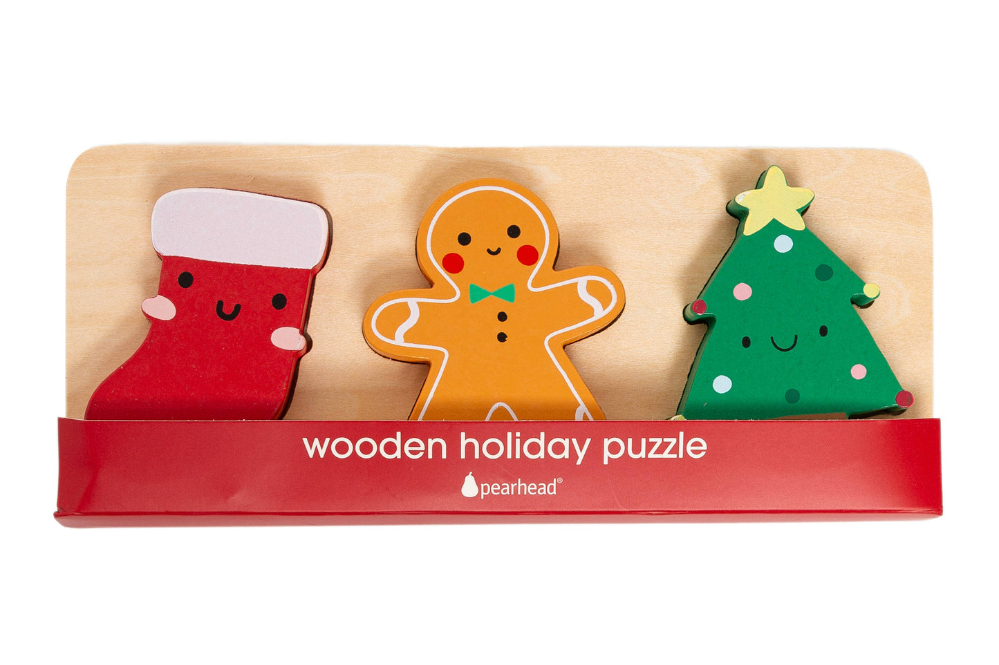 Christmas 3-Piece Wooden Holiday Puzzle in packaging, festive educational toy for babies and toddlers 12 months and up
