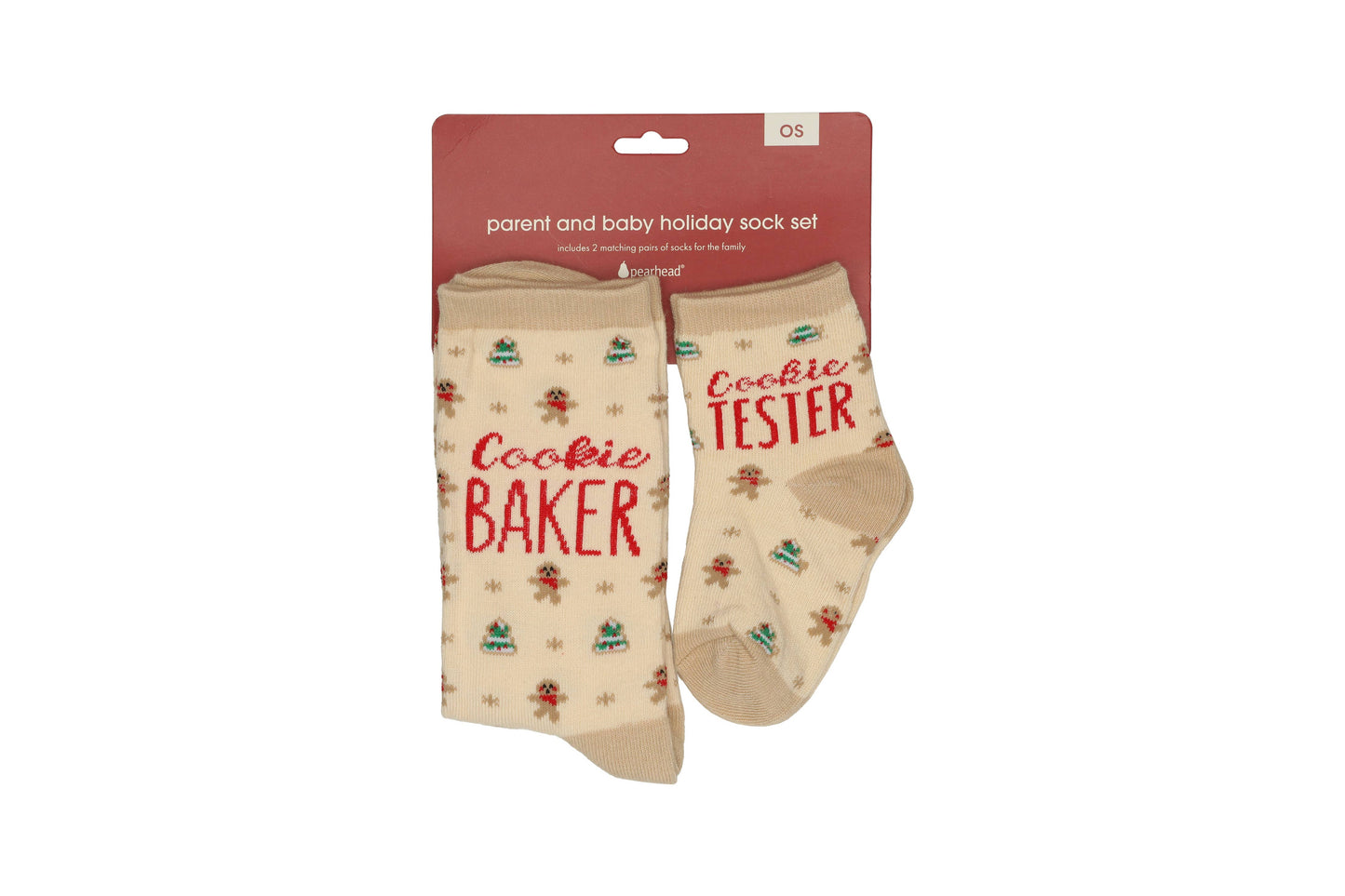 Cookie Baker & Tester Sock Set packaged together, cream socks with festive gingerbread and Christmas tree designs for parent and toddler