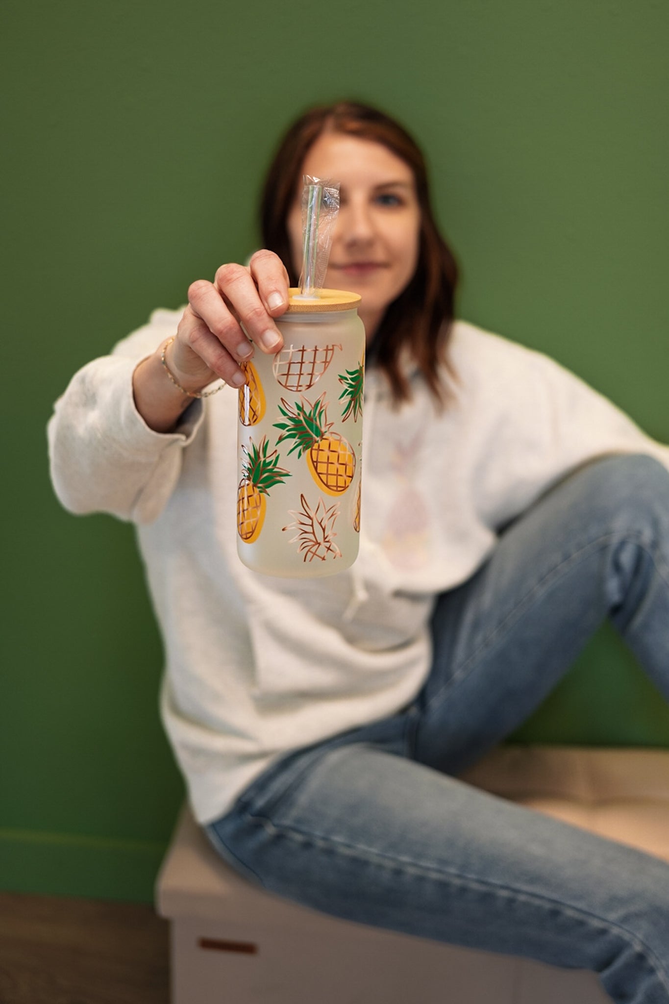 Infertility awareness pineapple glass tumbler, 20oz with bamboo lid and reusable straw