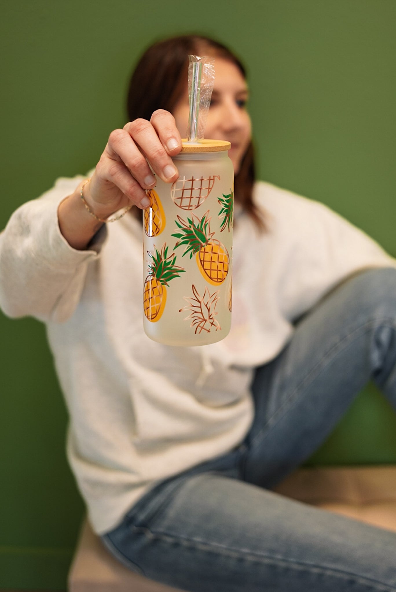 20oz glass tumbler with pineapple design, bamboo lid and straw, infertility awareness drinkware