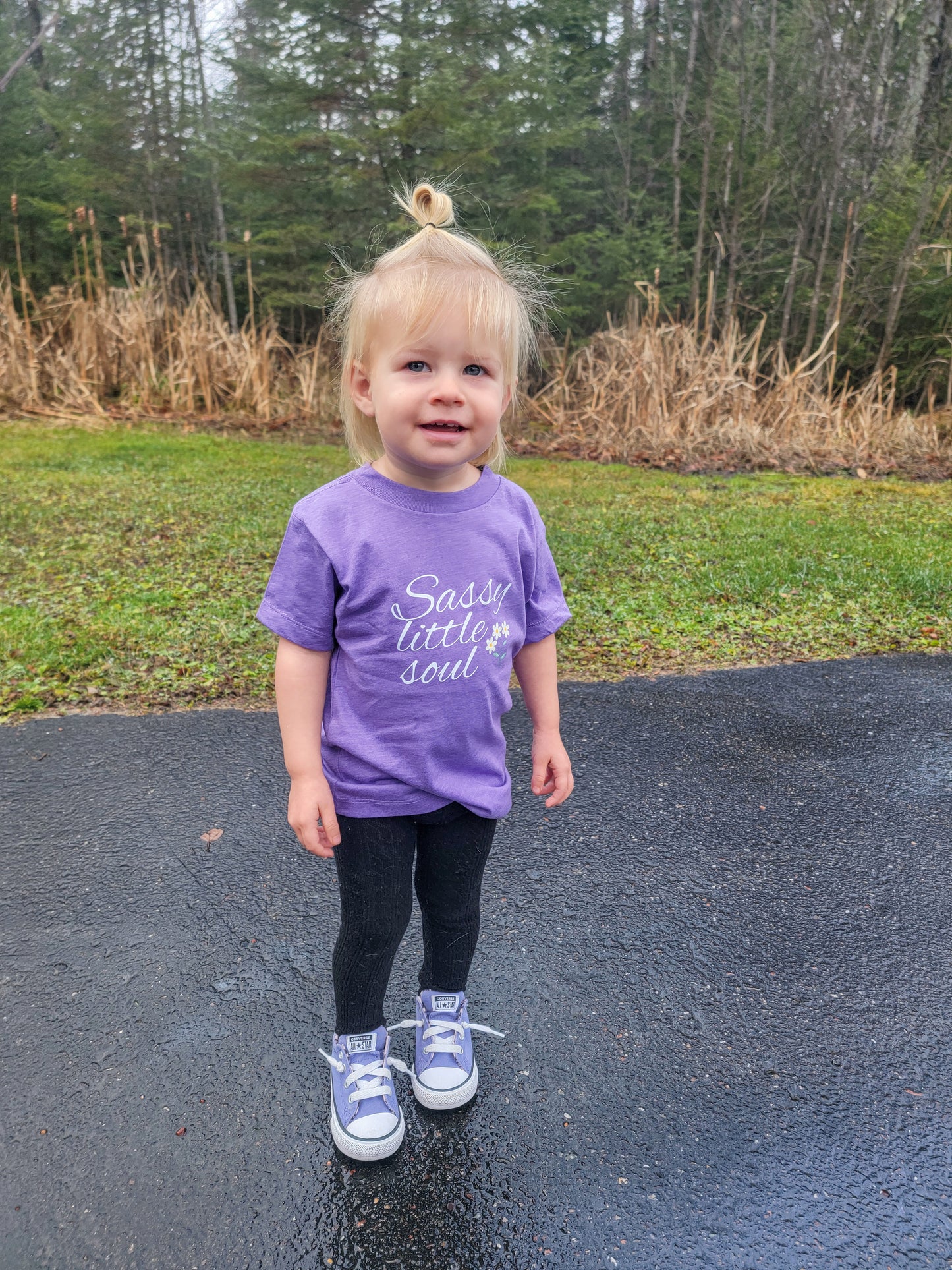 Toddler wearing purple Sassy Little Soul Tee, soft Bella + Canvas shirt combining playful attitude with comfort