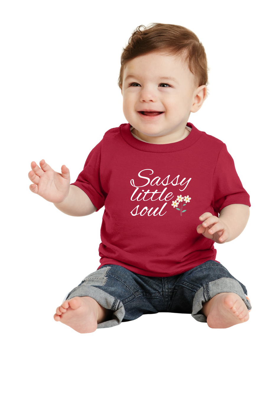 Baby wearing red Sassy Little Soul Tee, soft Port & Company cotton shirt designed for comfort and bold style
