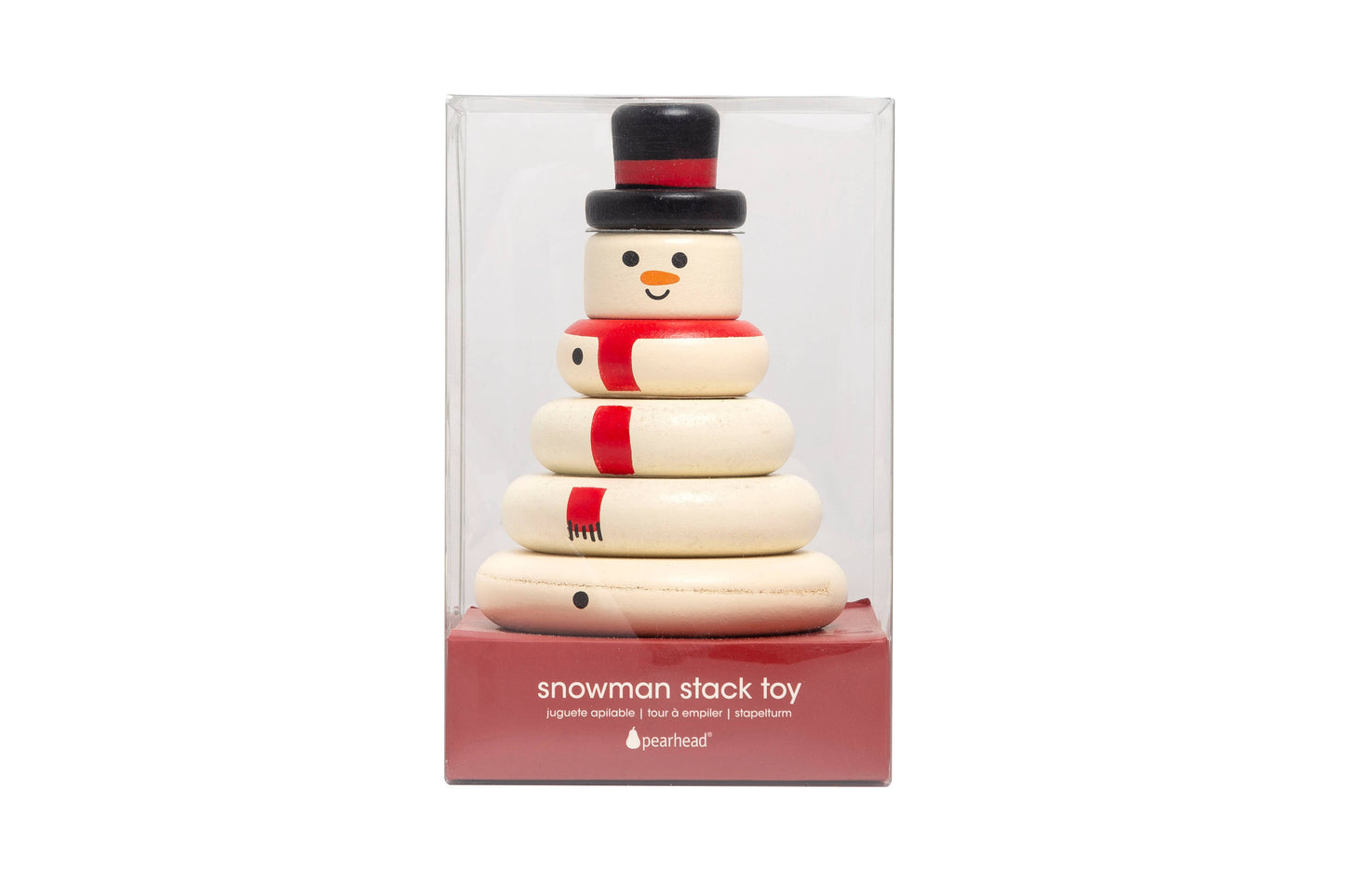 Wooden Snowman Stacking Holiday Toy in packaging, holiday gift-ready stacking toy for babies 12 months and up