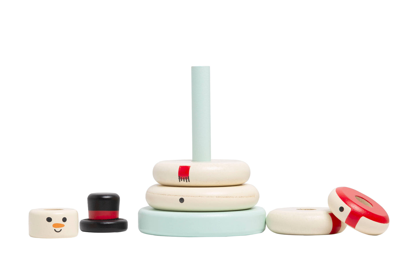 Unstacked Wooden Snowman Holiday Toy showing separate blue base, white stacking rings, and black hat topper