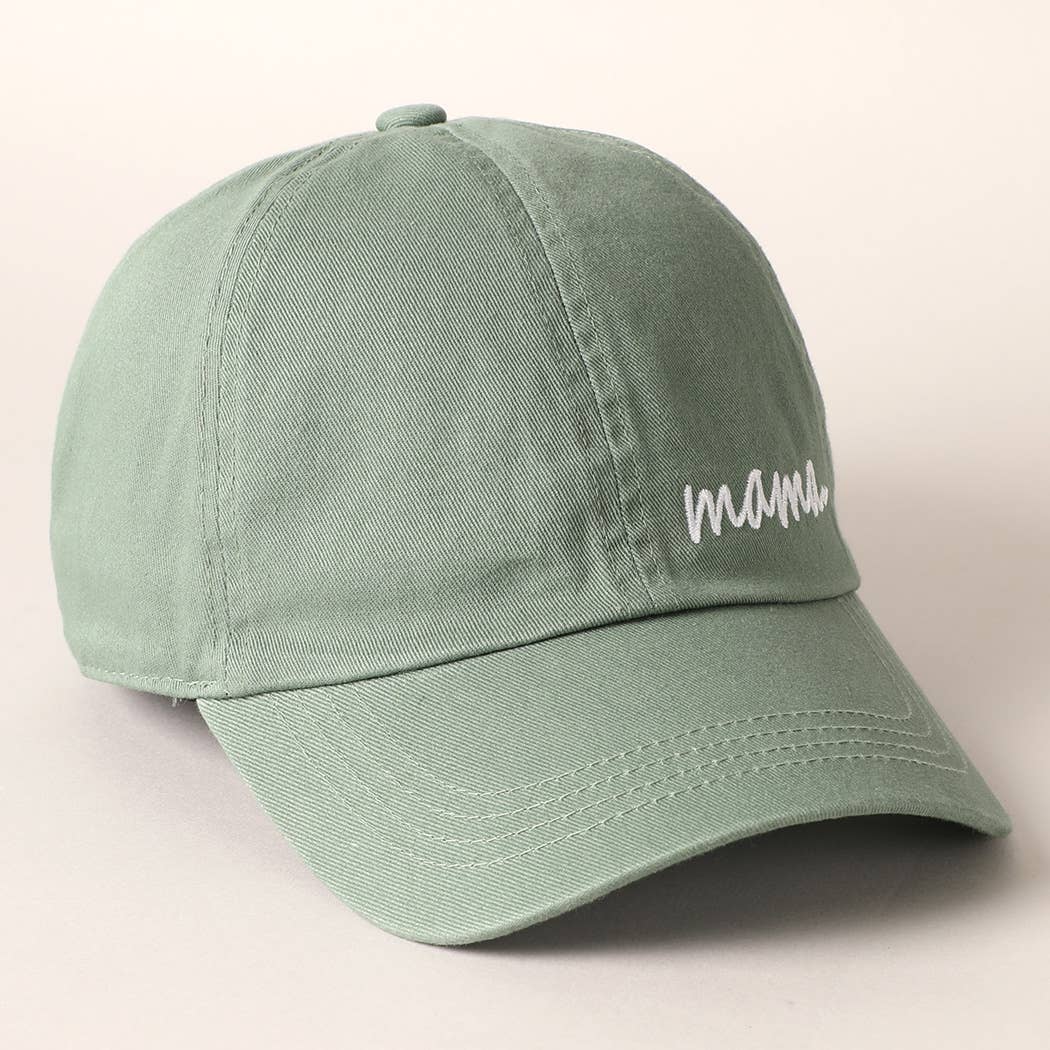 front view of Mama embroidered baseball caps in green
