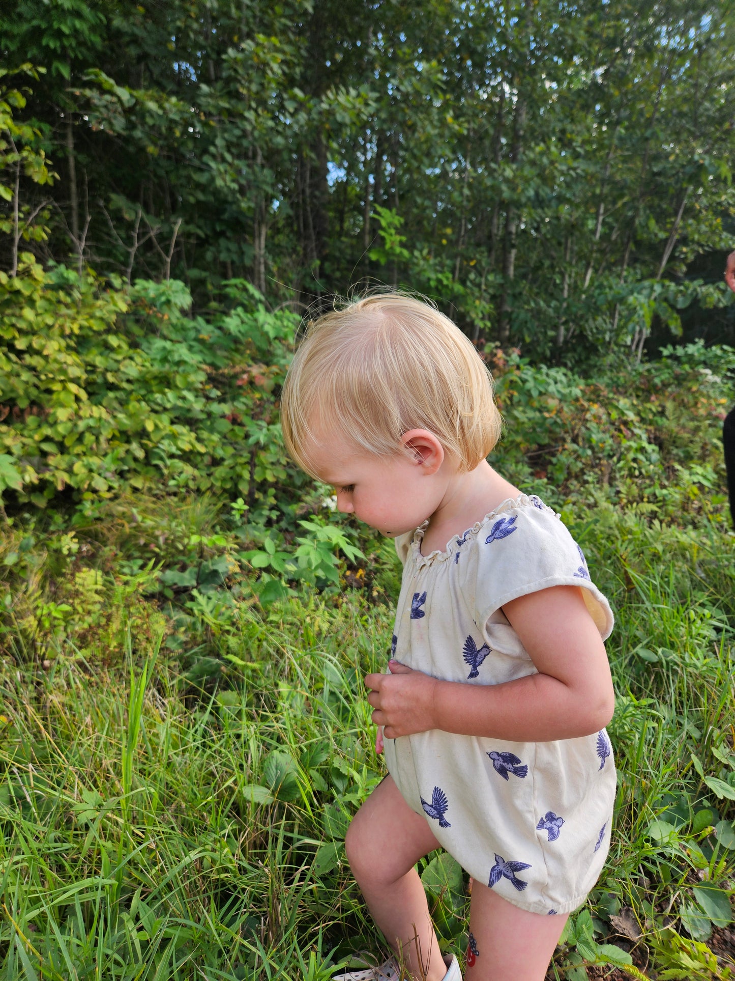 Side view of toddler in Bluebird Flutter Sleeve Romper, highlighting fit and flutter sleeve detail