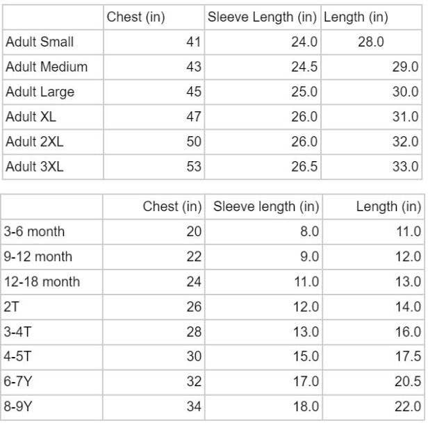 Measurement chart for shirts with chest, sleeve length, and length measurements in inches for adults and children.