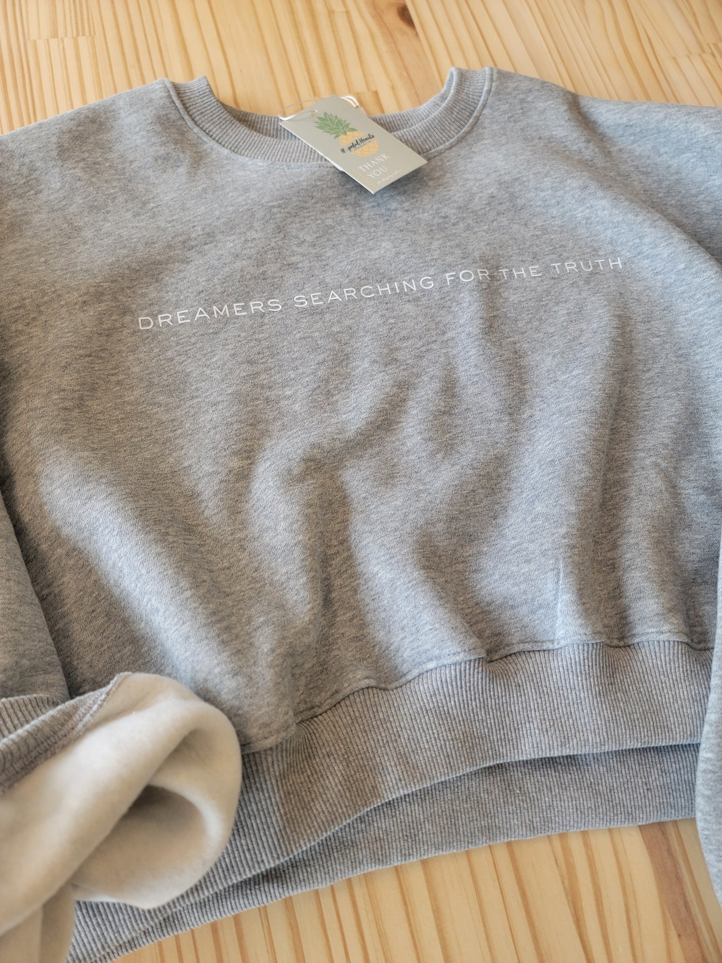 Close-up of fleece texture on Dreamers Searching for the Truth oversized crop crewneck, highlighting softness and quality
