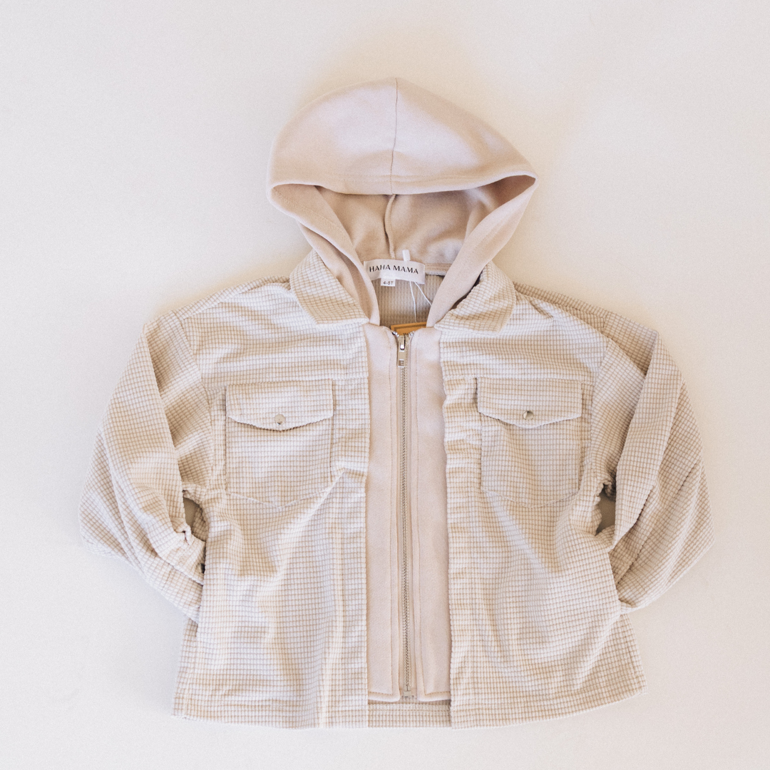 Textured khaki lightweight jacket for moms and kids, stylish mommy and me matching outerwear flat lay