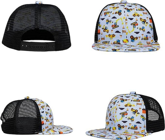 Flat Brim Trucker Hat – Kids Construction Print Baseball Cap