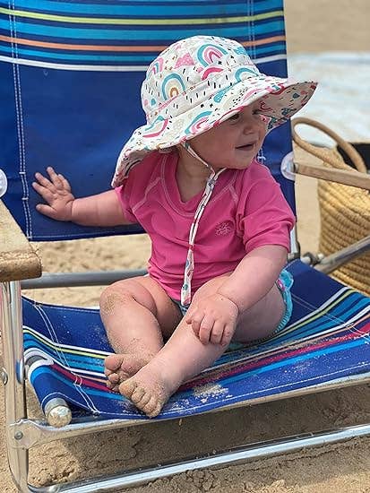 Patterned baby bucket hat, rainbows and clouds design for infants and toddlers, UPF sun protection