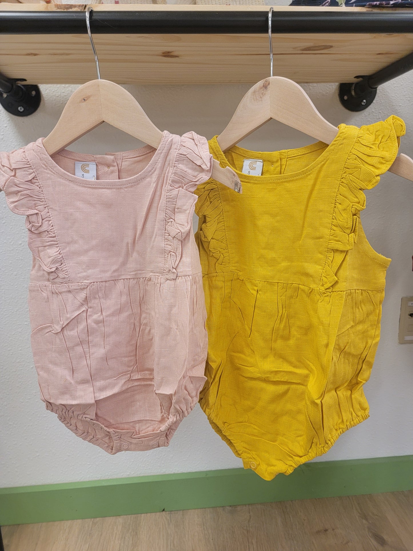 Peach and mustard Josie linen rompers for girls – breathable lightweight baby and toddler clothing