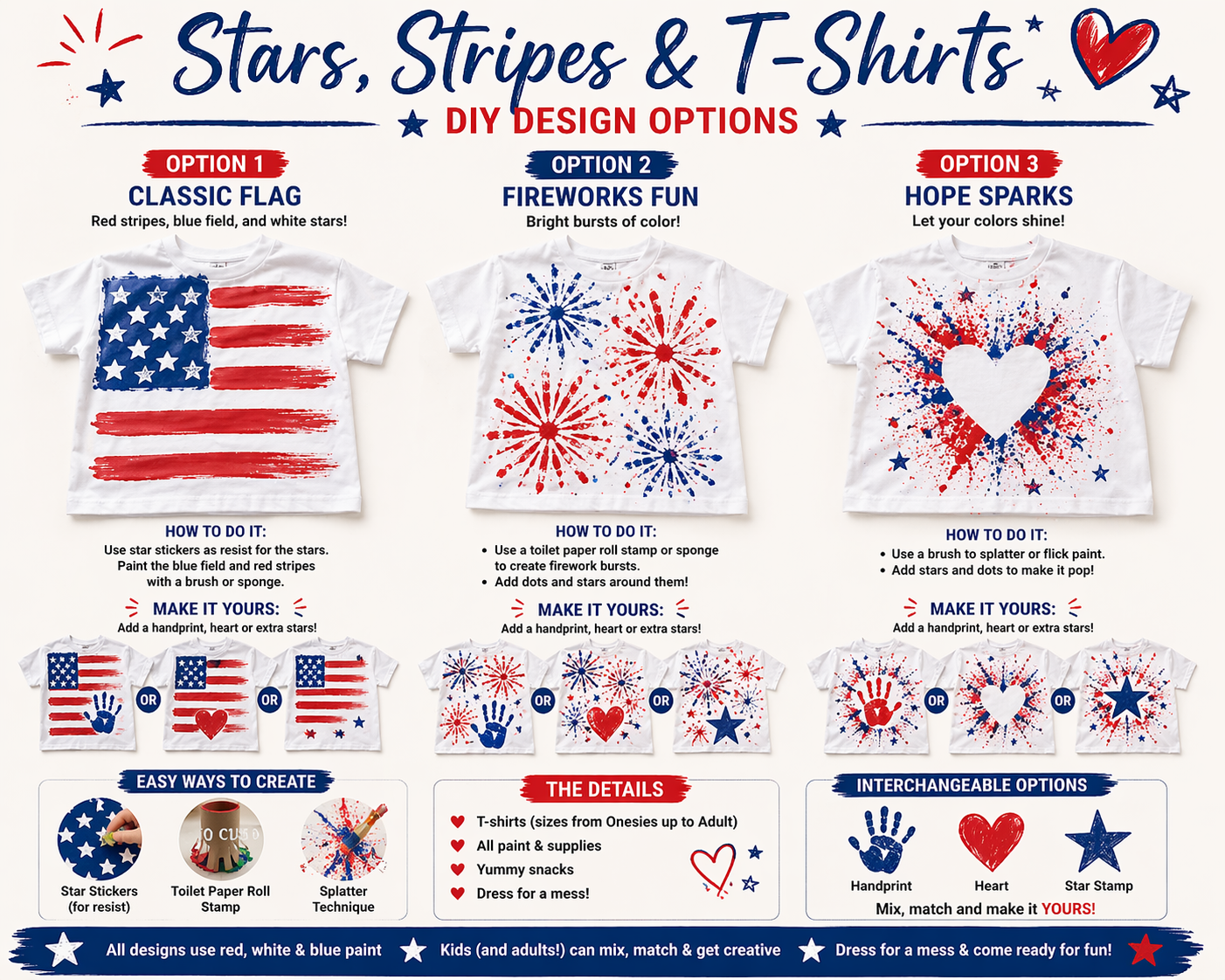Kids DIY patriotic t-shirt design options including American flag, fireworks burst, and red white and blue splatter heart designs for paint party event