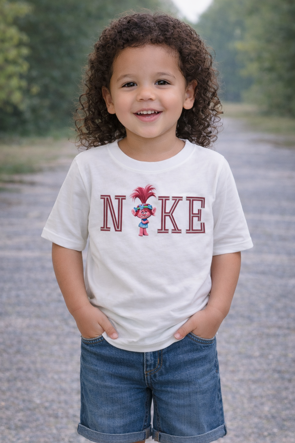 Toddler girl age 4 wearing a white graphic t-shirt with NKE lettering and character design