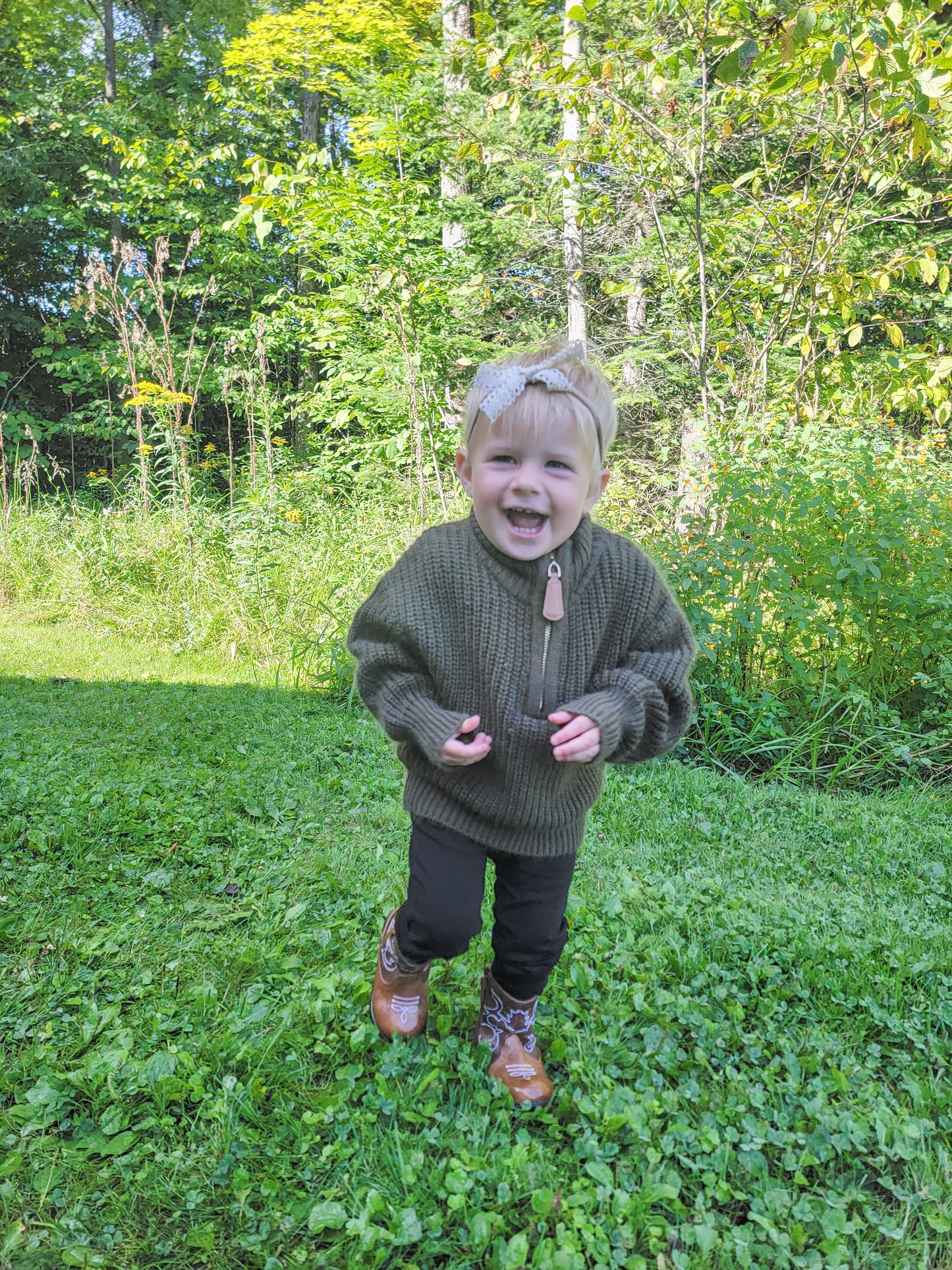 Dark Forest Green Essex Sweater – Mommy & Me Matching Quarter Zip with Lantern Sleeves