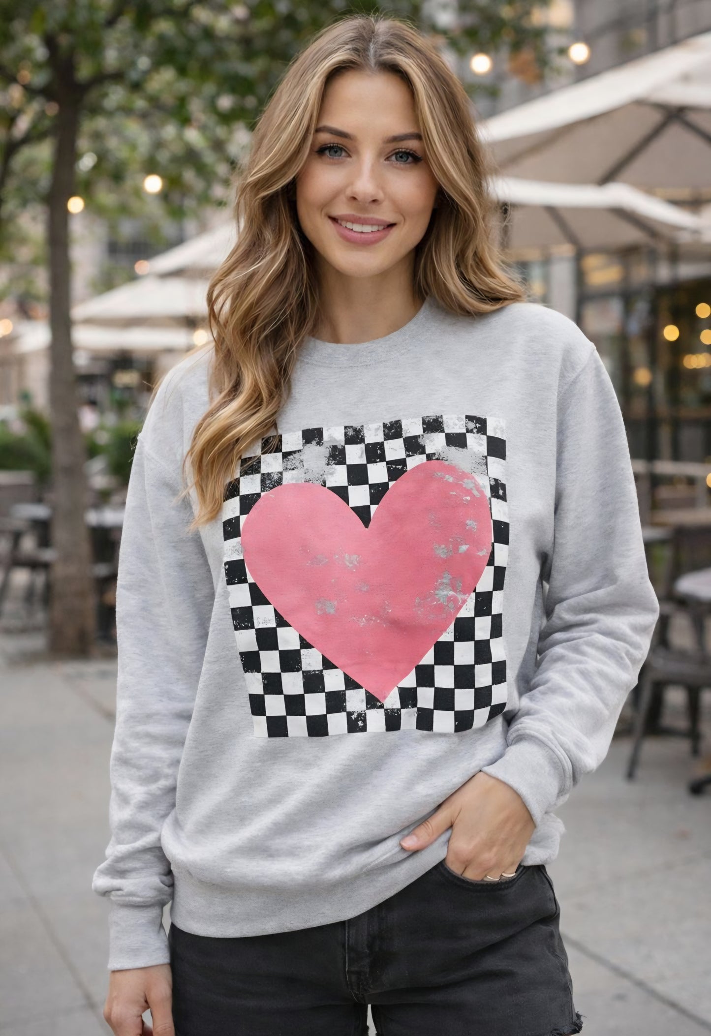 Checkered Heart Valentine’s Day Sweatshirt – Ash Grey | Unisex Fit
