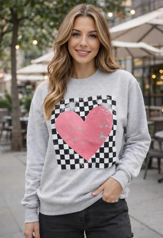 Checkered Heart Valentine’s Day Sweatshirt – Ash Grey | Unisex Fit