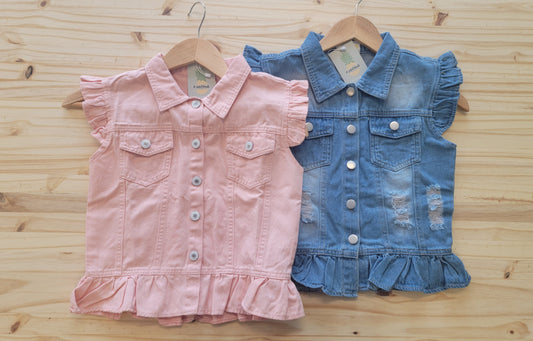 Girls distressed denim vest with ruffles, pink or blue jean vest for kids sizes 10 and 12