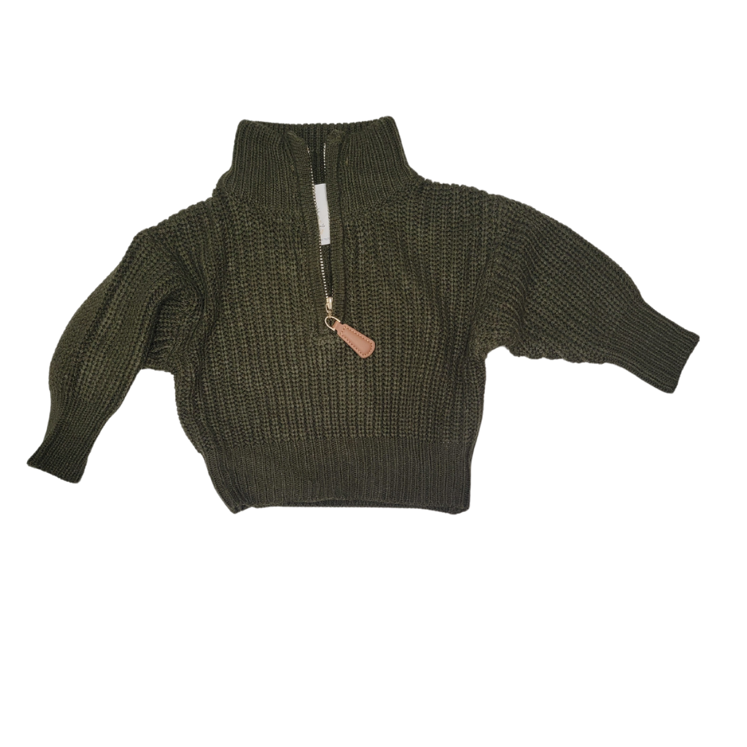 Dark Forest Green Essex Sweater – Mommy & Me Matching Quarter Zip with Lantern Sleeves
