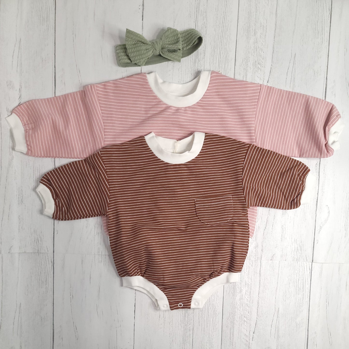 Organic Oversized Bubble Romper – Brown & Pink with White Stripes, Soft Baby Outfit