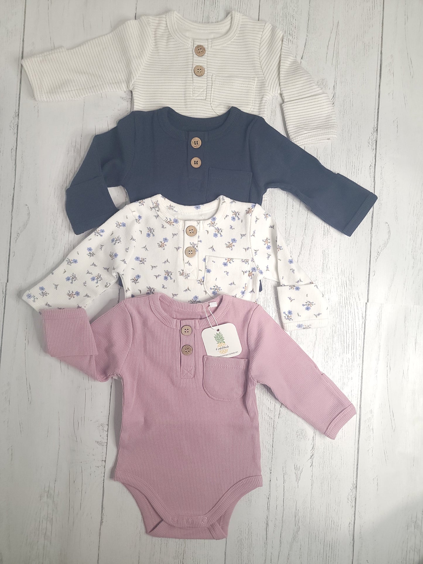 Ribbed Cotton Baby Long Sleeve with Buttons & Fold-Over Mittens – Navy, Pink, Stripes, Floral