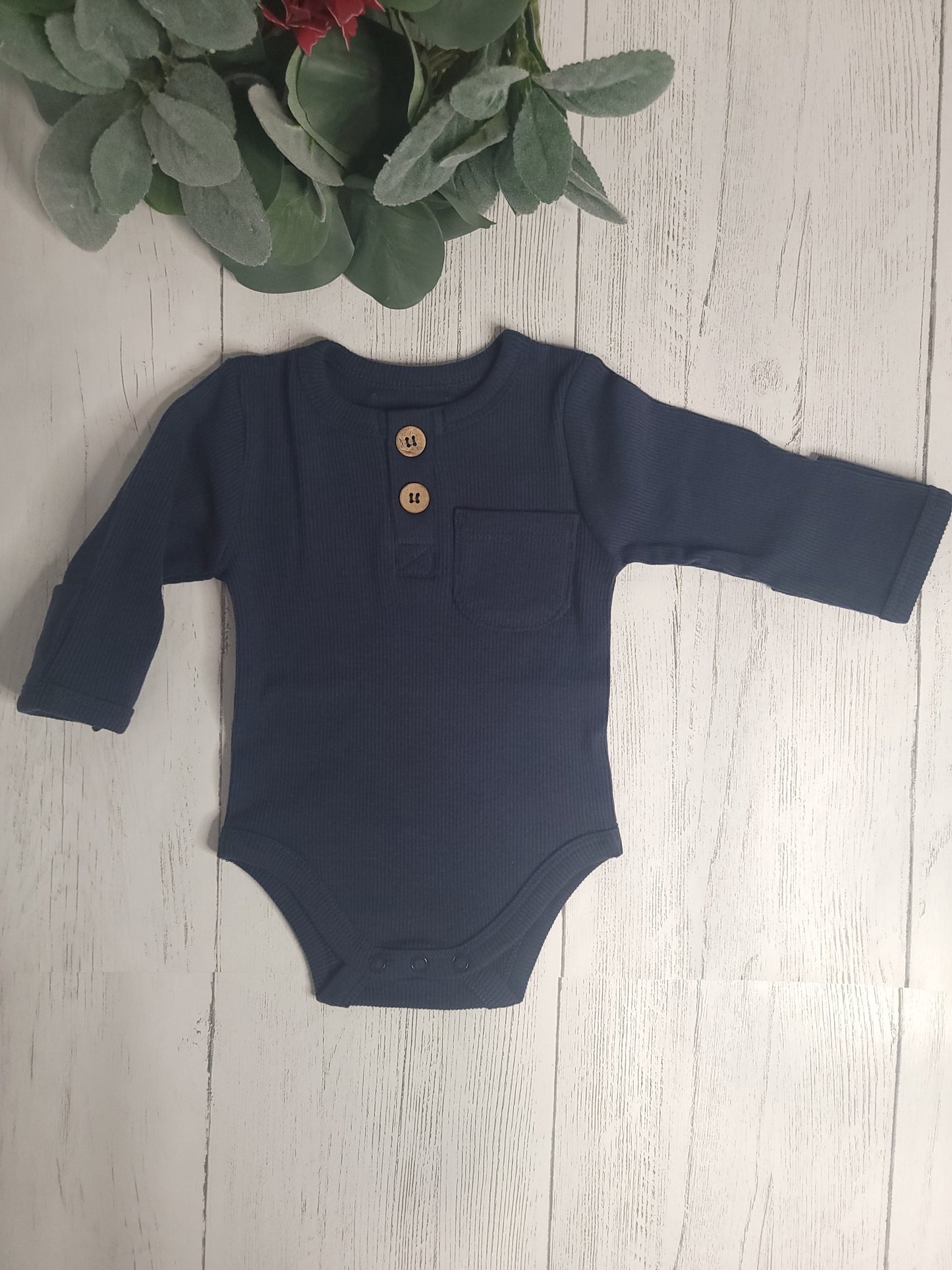 Ribbed Cotton Baby Long Sleeve with Buttons & Fold-Over Mittens – Navy, Pink, Stripes, Floral