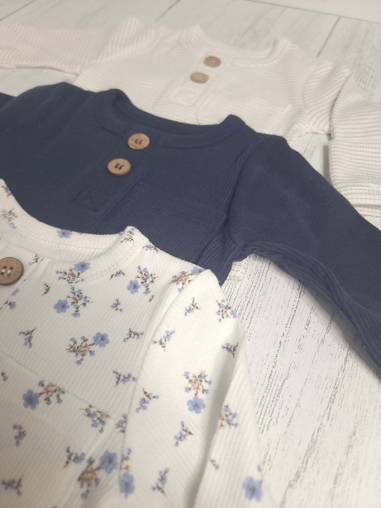 Ribbed Cotton Baby Long Sleeve with Buttons & Fold-Over Mittens – Navy, Pink, Stripes, Floral