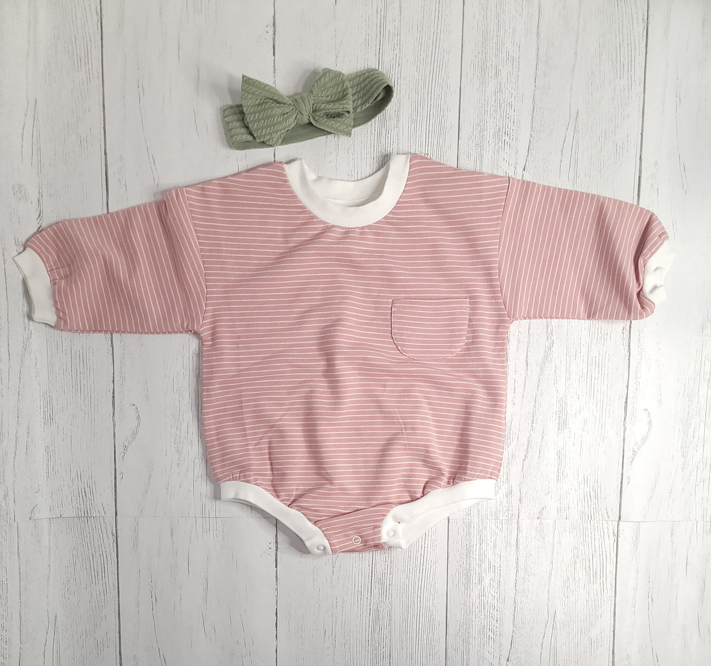 Organic Oversized Bubble Romper – Brown & Pink with White Stripes, Soft Baby Outfit