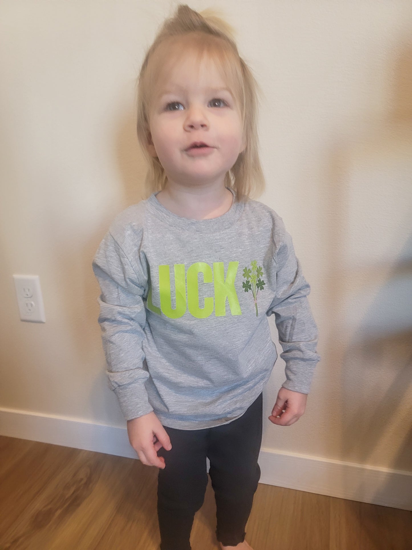Kids long sleeve tee with lucky shamrock bouquet, St. Patrick’s Day shirt for children