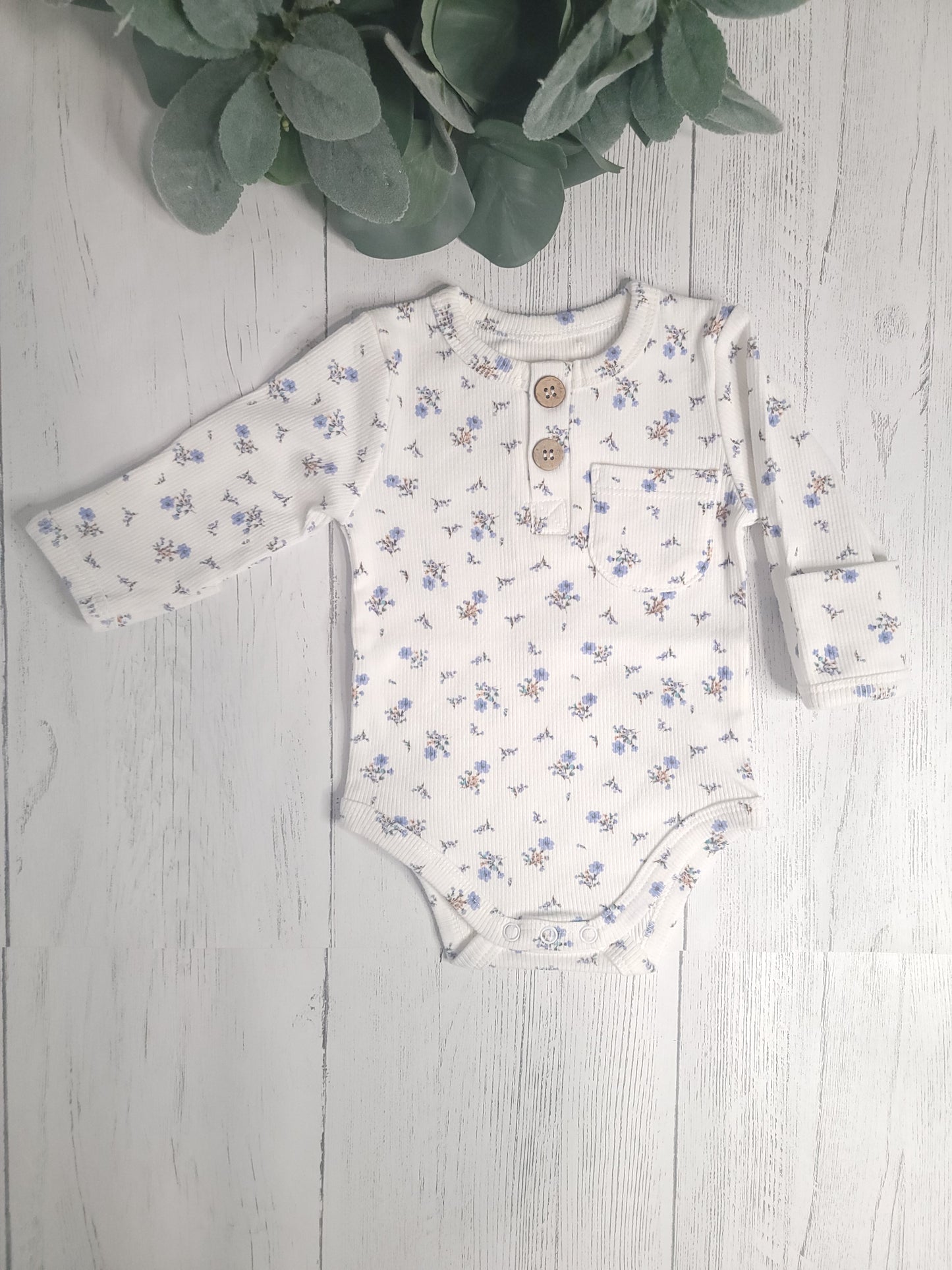 Ribbed Cotton Baby Long Sleeve with Buttons & Fold-Over Mittens – Navy, Pink, Stripes, Floral