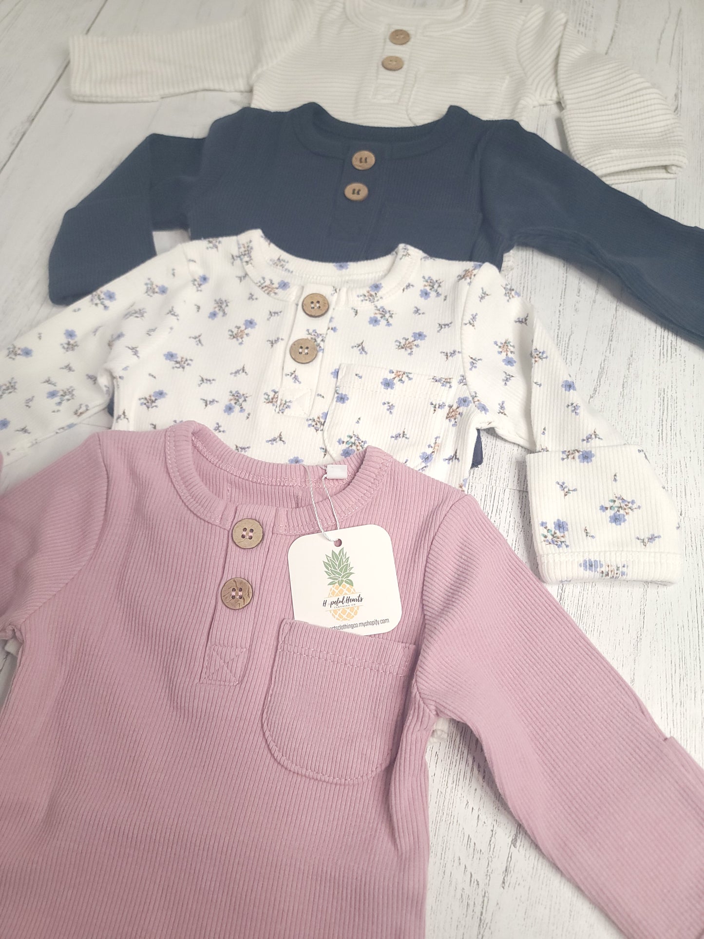 Ribbed Cotton Baby Long Sleeve with Buttons & Fold-Over Mittens – Navy, Pink, Stripes, Floral