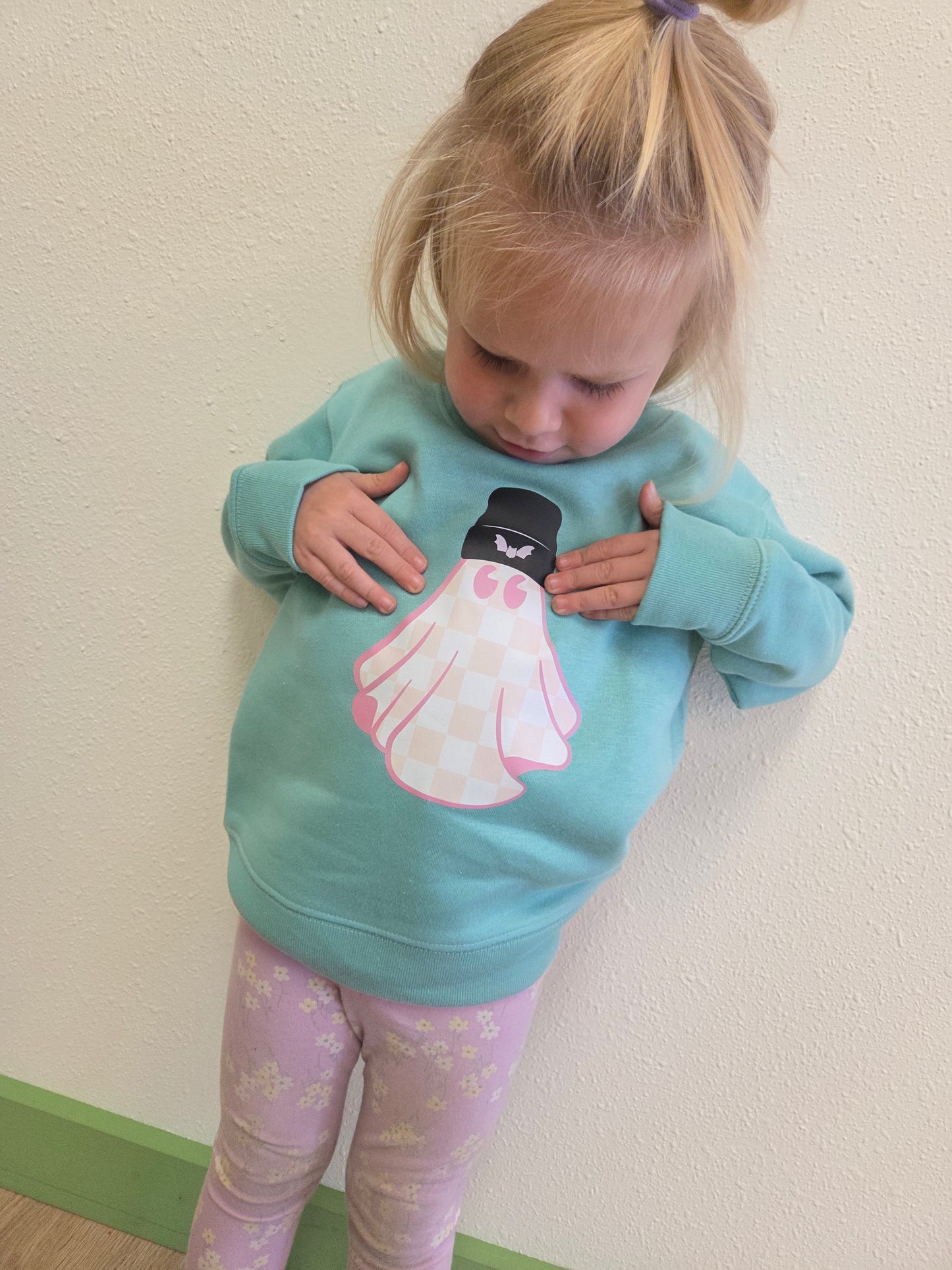 Kids Halloween Crewneck Sweatshirt – Rabbit Skins 3317 Toddler & Youth Fleece | Saltwater Pink Checkered Ghost Design