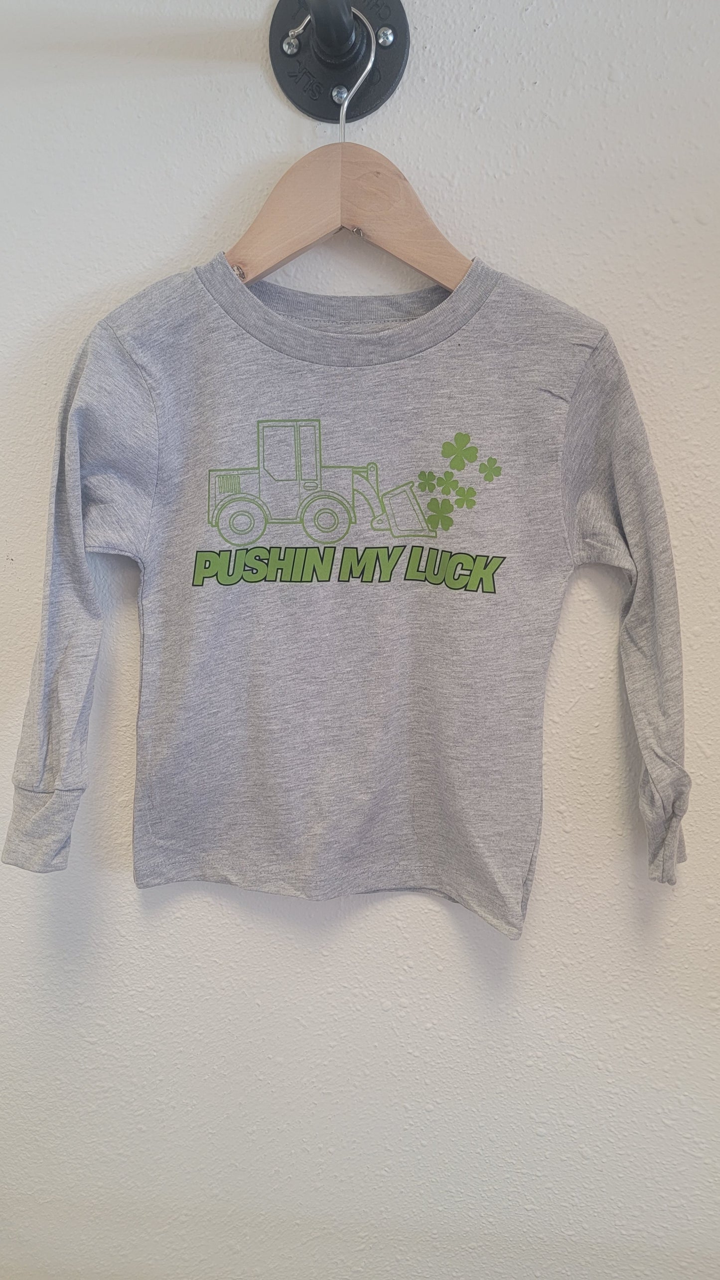 Kids long sleeve tee with Pushin’ My Luck shamrock design, St. Patrick’s Day shirt