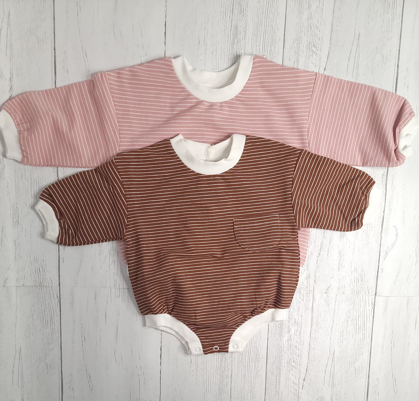 Organic Oversized Bubble Romper – Brown & Pink with White Stripes, Soft Baby Outfit