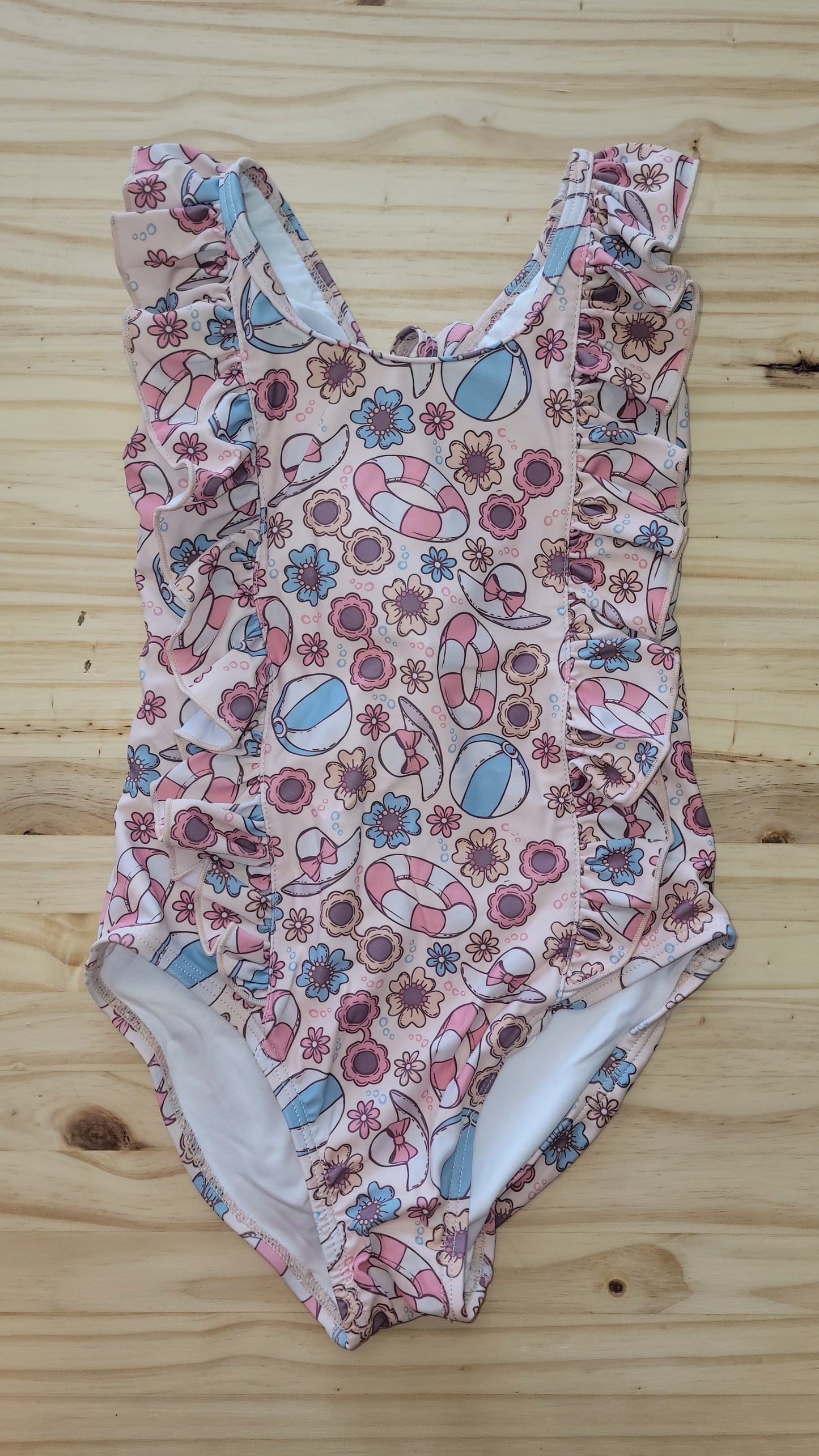 Youth girls’ one-piece swimsuit, pink Beach Fun print with beach accessories and sun protection