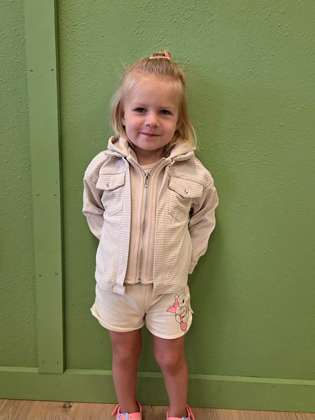 Matching mother and child khaki jackets, soft lightweight textured design for family outfits