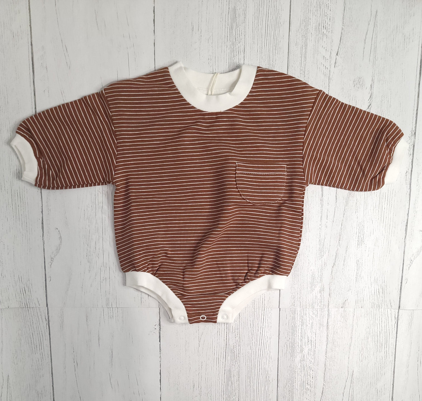 Organic Oversized Bubble Romper – Brown & Pink with White Stripes, Soft Baby Outfit