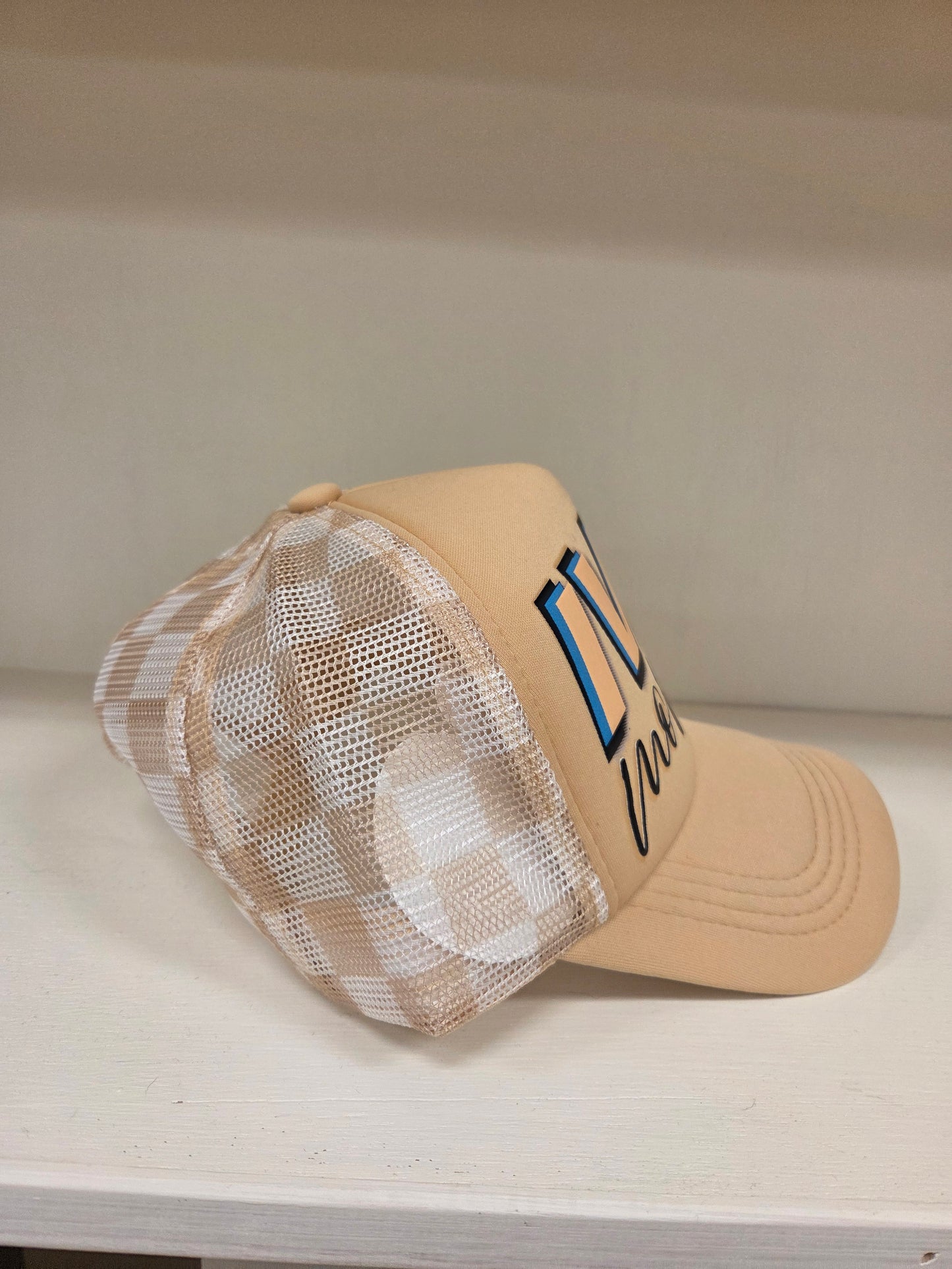 IVF Momma Foam Trucker Hat – White & Tan with Checkered Mesh Back | Infertility Awareness | Hopeful Hearts Clothing Co.