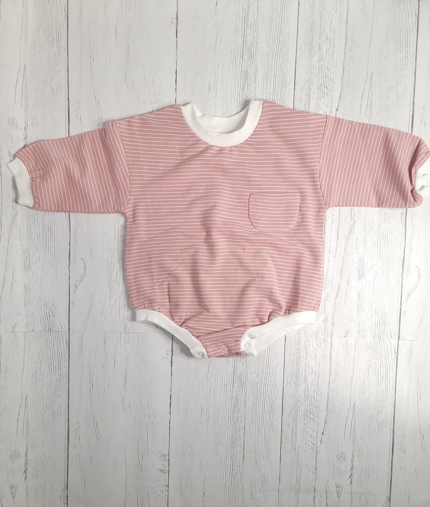 Organic Oversized Bubble Romper – Brown & Pink with White Stripes, Soft Baby Outfit